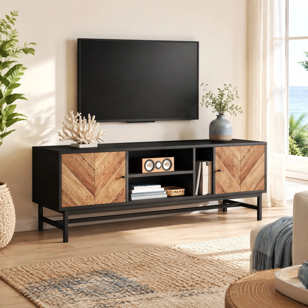 MOBILE TV 150 cm Nero e Effetto Legno con 2 Ante e 3 Vani