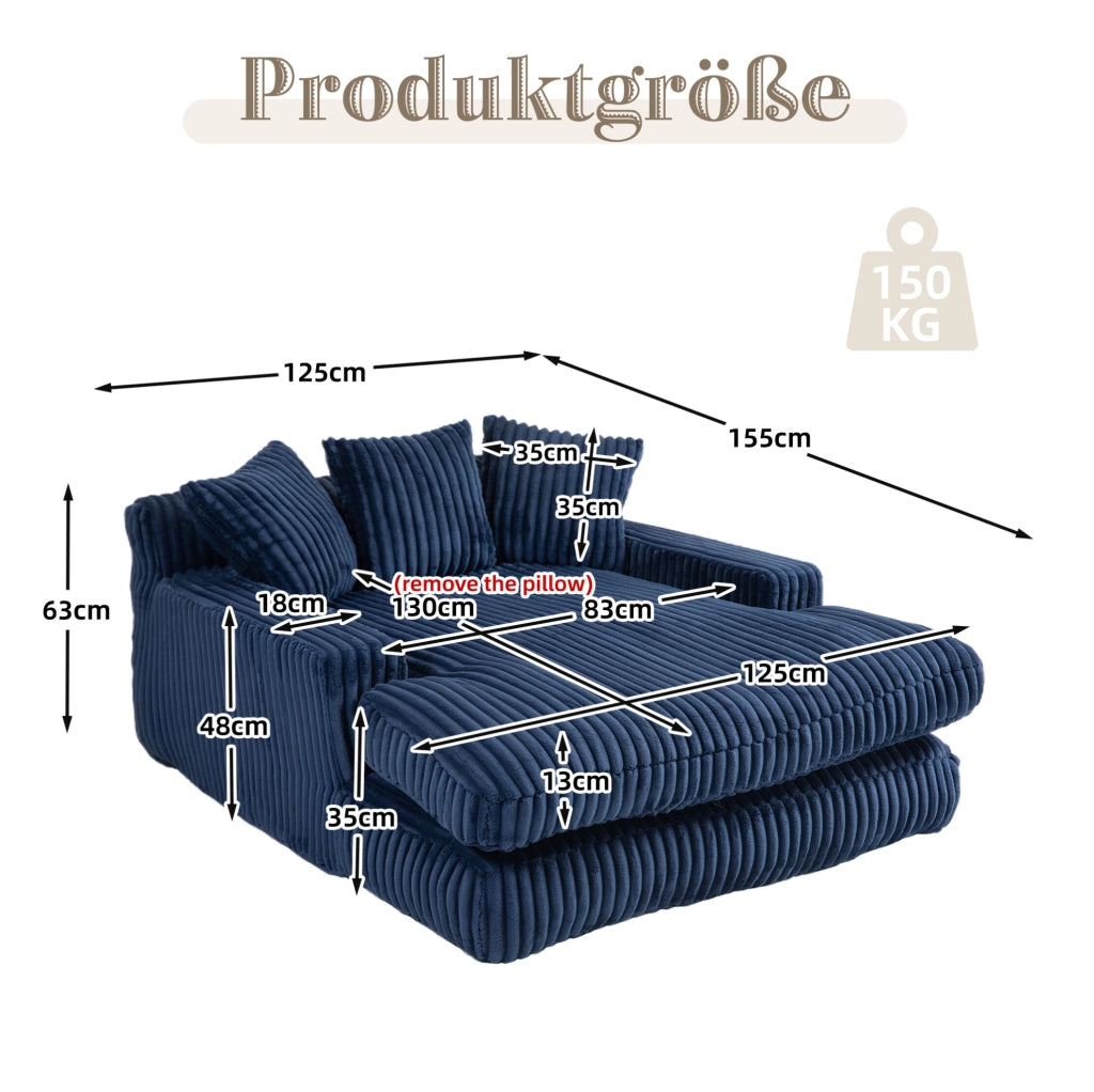 Chaiselongue da interno in corduroy blu navy con 3 cuscini; 125x155x63 cm