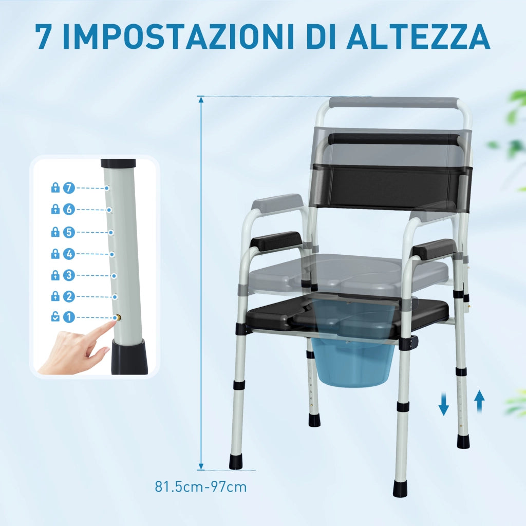 Sedia WC Pieghevole con Braccioli e Schienale ¨C Xylo ¨C Acciaio e Pelle PU Nero 52.5x46x81.5-97cm
