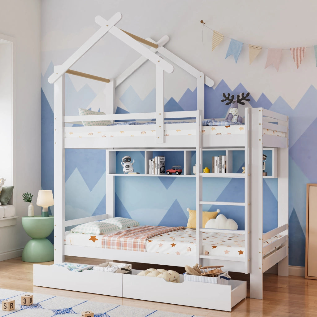 LETTO A CASTELLO con cassetti e ripiani 90x200 cm Bianco Legno massello e MDF