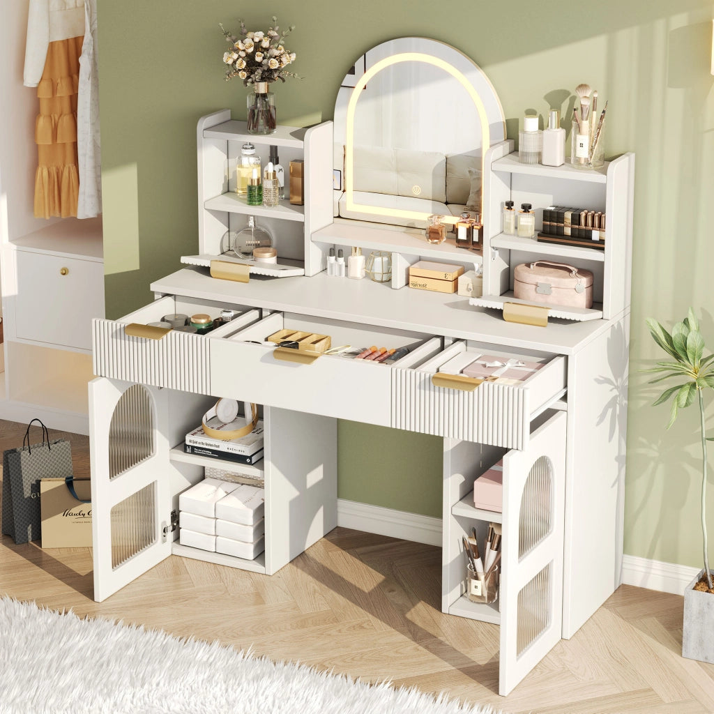 TOLETTA con Specchio LED 120x40x139,5 cm Bianco con 3 Cassetti e 2 Ante in Vetro