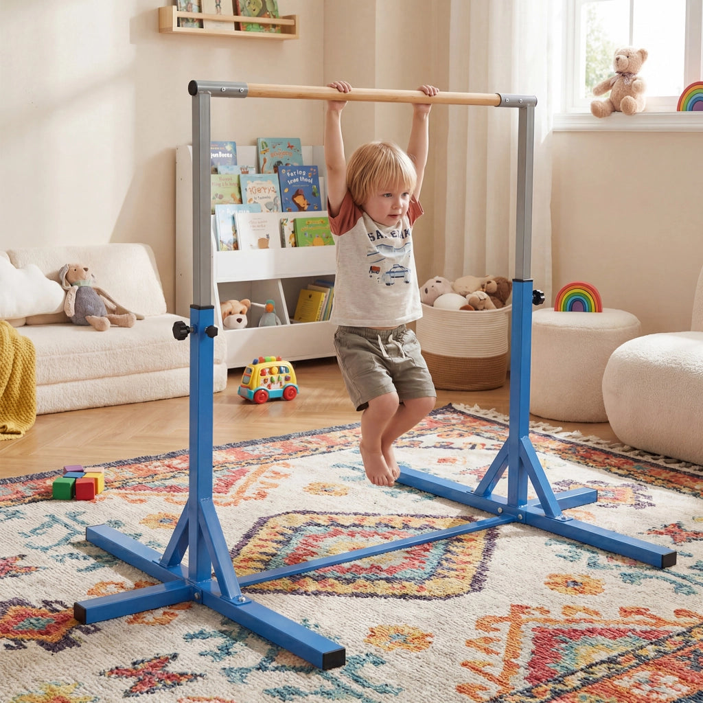 Barra ginnastica orizzontale regolabile 12 livelli metallo struttura base antiscivolo, Barra attrezzatura palestra interno bambini 3+ anni Blu