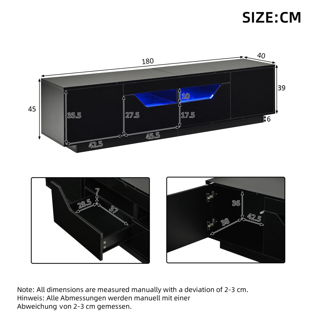 MOBILE TV 180x40x45 cm Nero lucido con LED 2 cassetti e 2 ante