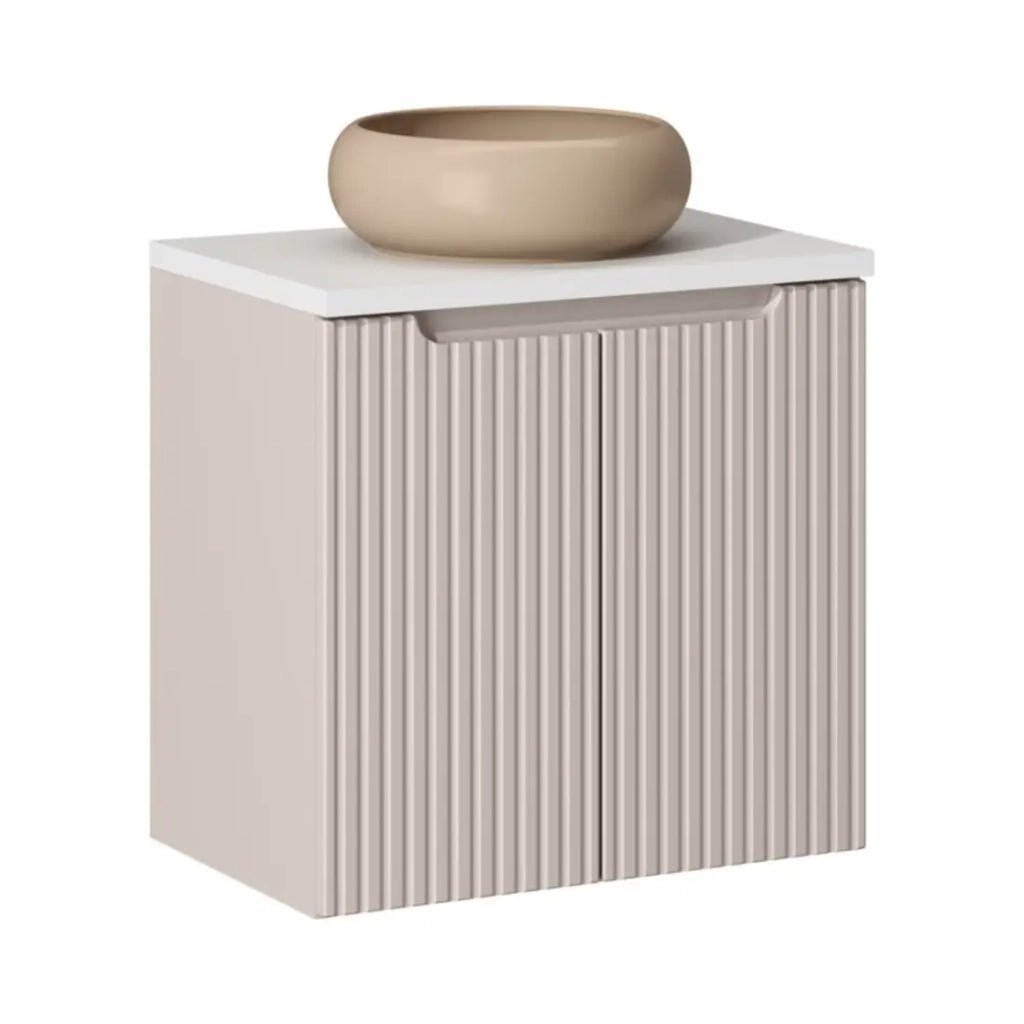 Insieme VANO cachemire e bianco 60cm: mobile sotto lavabo con armadietti + piano per lavabo + lavabo da appoggio marrone cappuccino