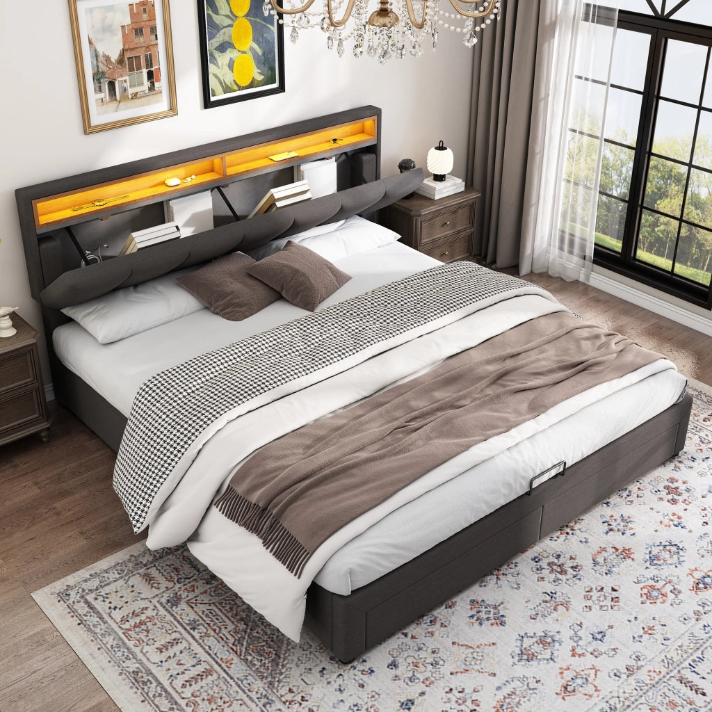 Letto contenitore 160×200 cm; letto matrimoniale con LED; spazio sotto il letto; senza materasso; in acciaio; grigio scuro
