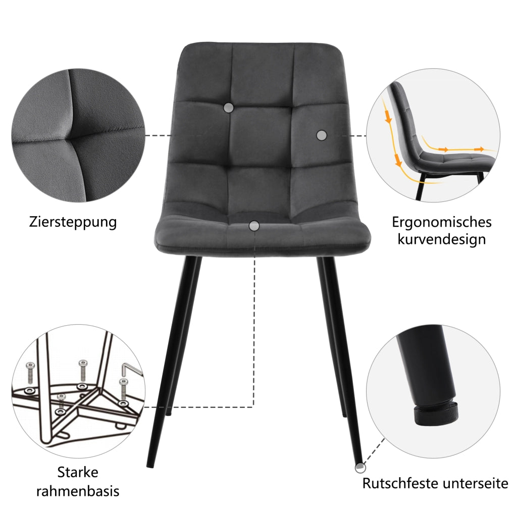 Set di 4 sedie da pranzo con schienale ergonomico e seduta imbottita con gambe in metallo in velluto grigio