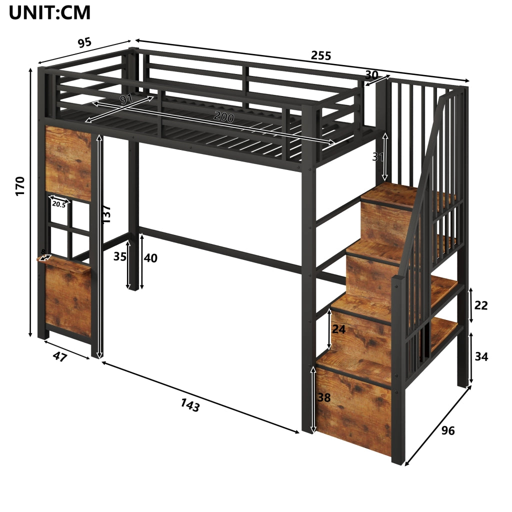 LETTO a soppalco 90x200 cm in metallo e MDF nero con scala contenitore