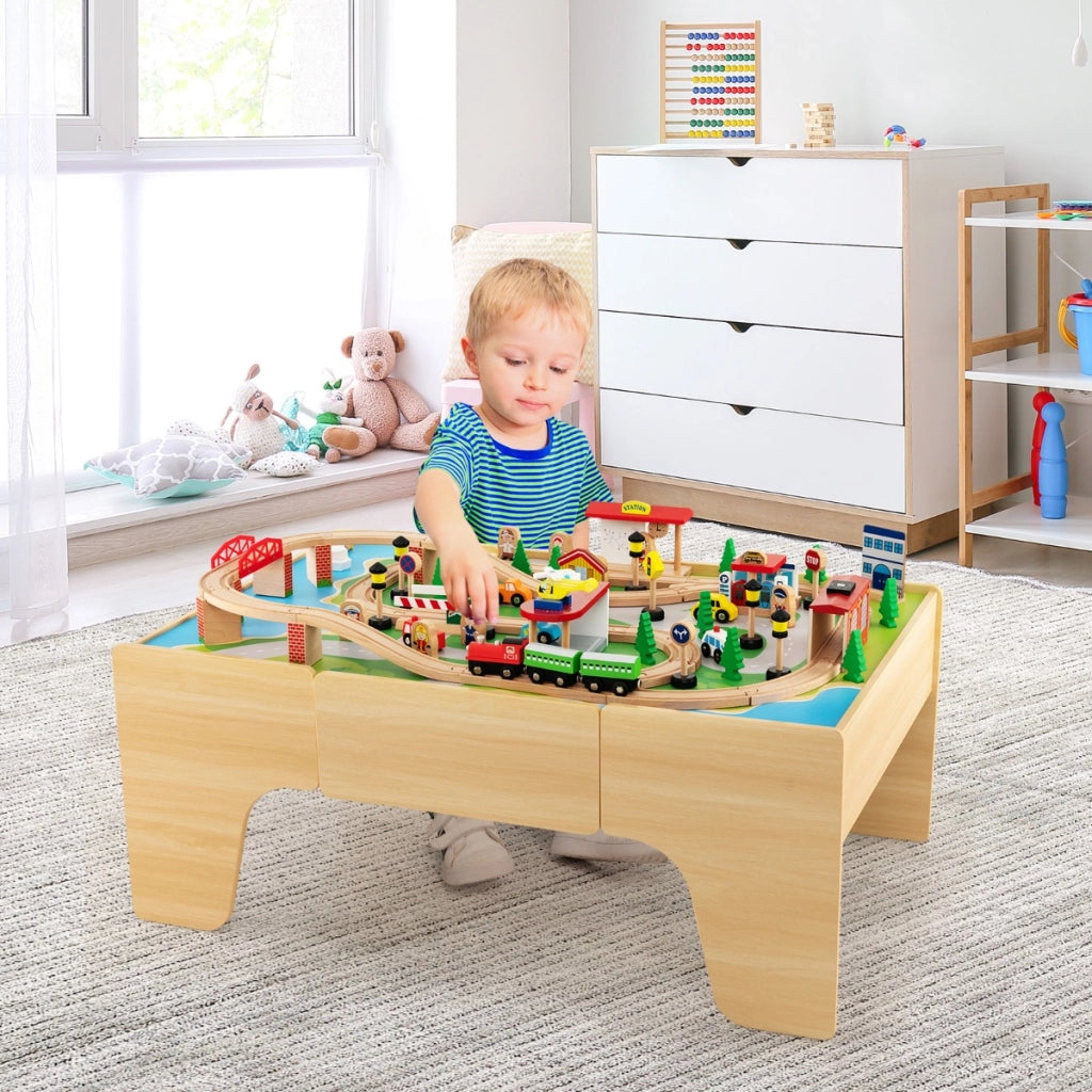 Set di trenini in legno con tavolo reversibile e staccabile cassetto capiente-Tavolo da gioco per bambini 84 Pezzi