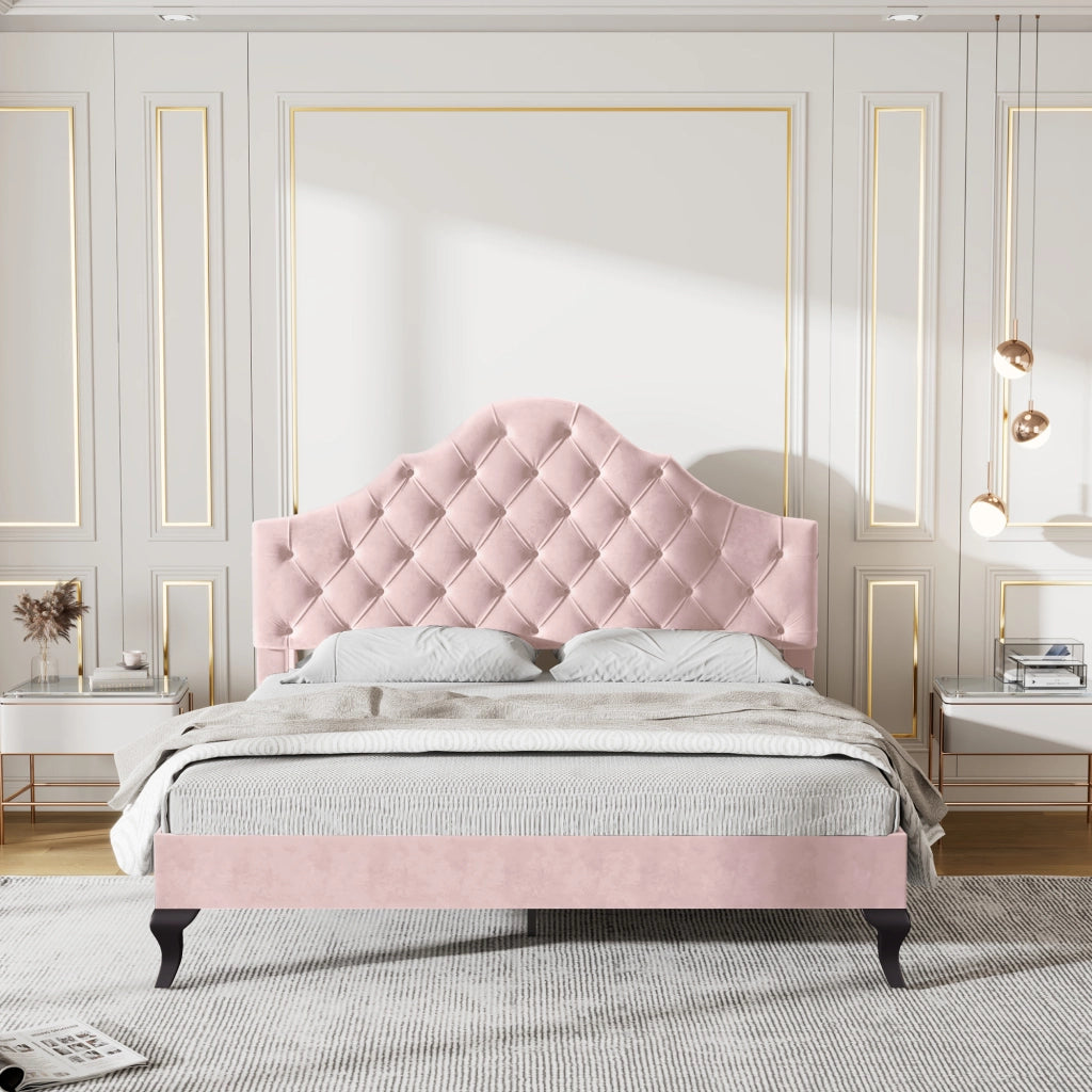 LETTO imbottito 140x200 cm in velluto rosa con rete a doghe e testiera