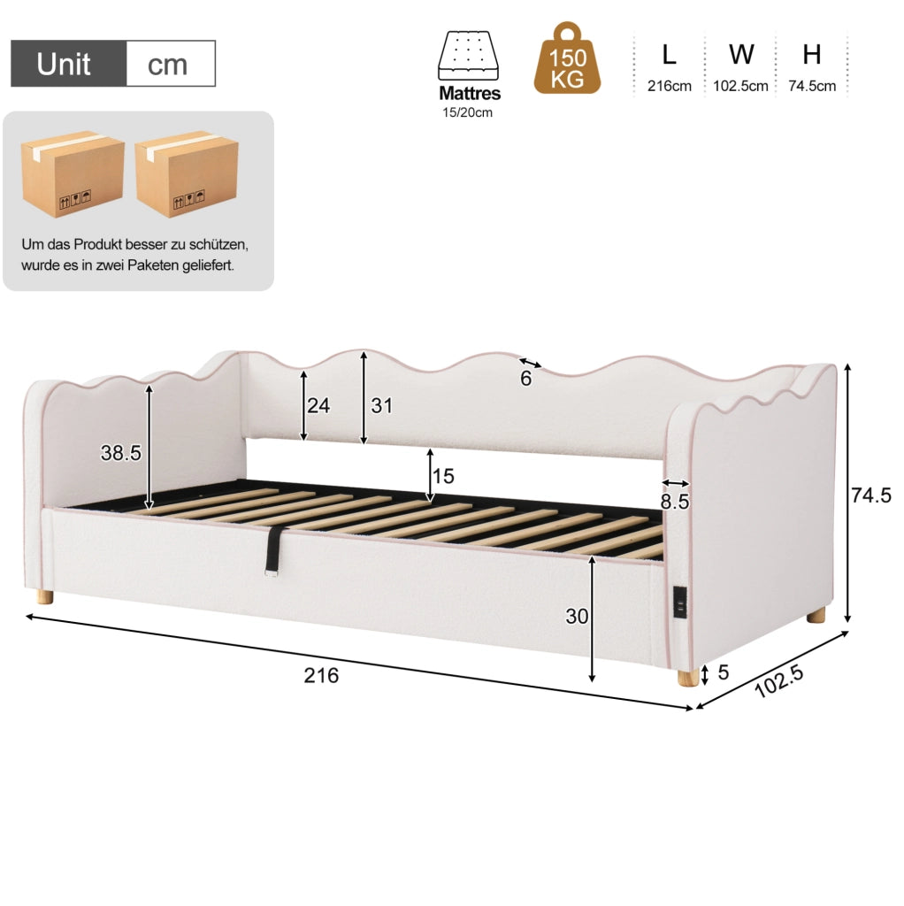 Letto da giorno imbottito 90x200 cm con contenitore idraulico e presa USB/Type-C