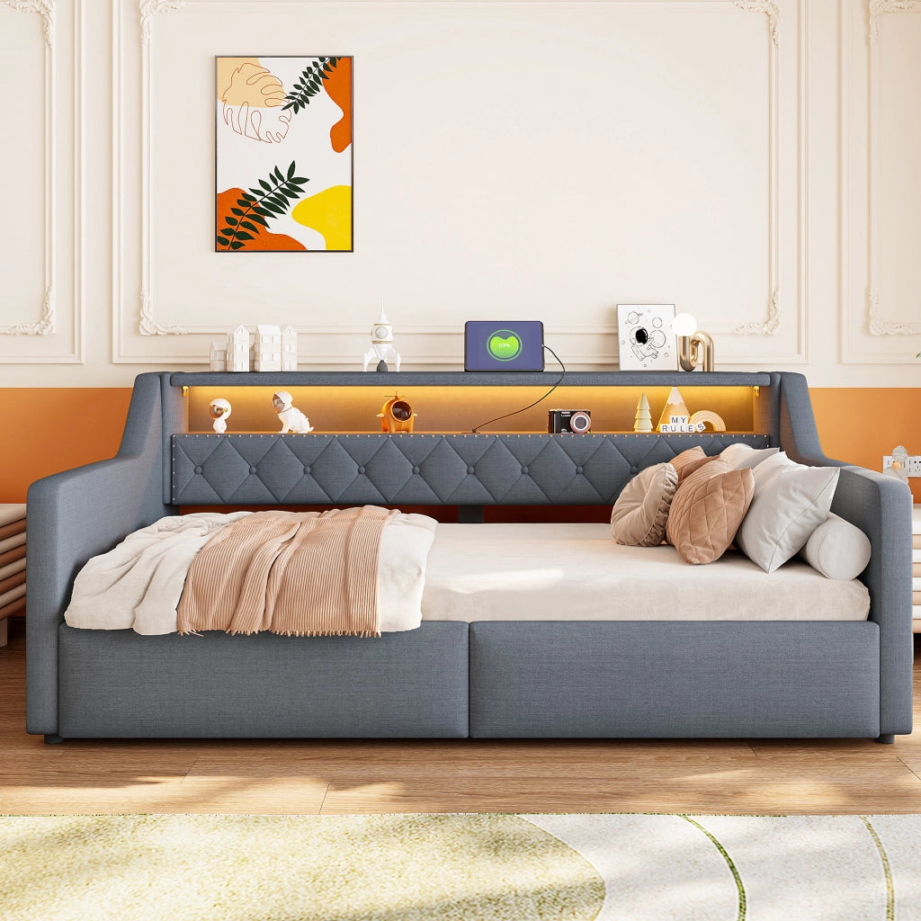 Letto divano 90 × 200 cm con LED, contenitore idraulico, USB e Type-C, senza materasso, grigio
