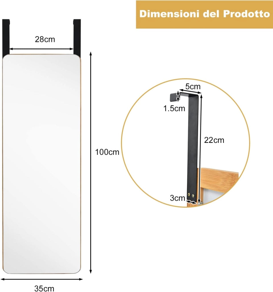 Specchio Figura Intera sulla porta, Specchio Rettangolare da Parete, Specchio Moderno da Trucco da Appendere con 2 Ganci, Ideale per Corridoio Salone Camera da Letto Bagno
