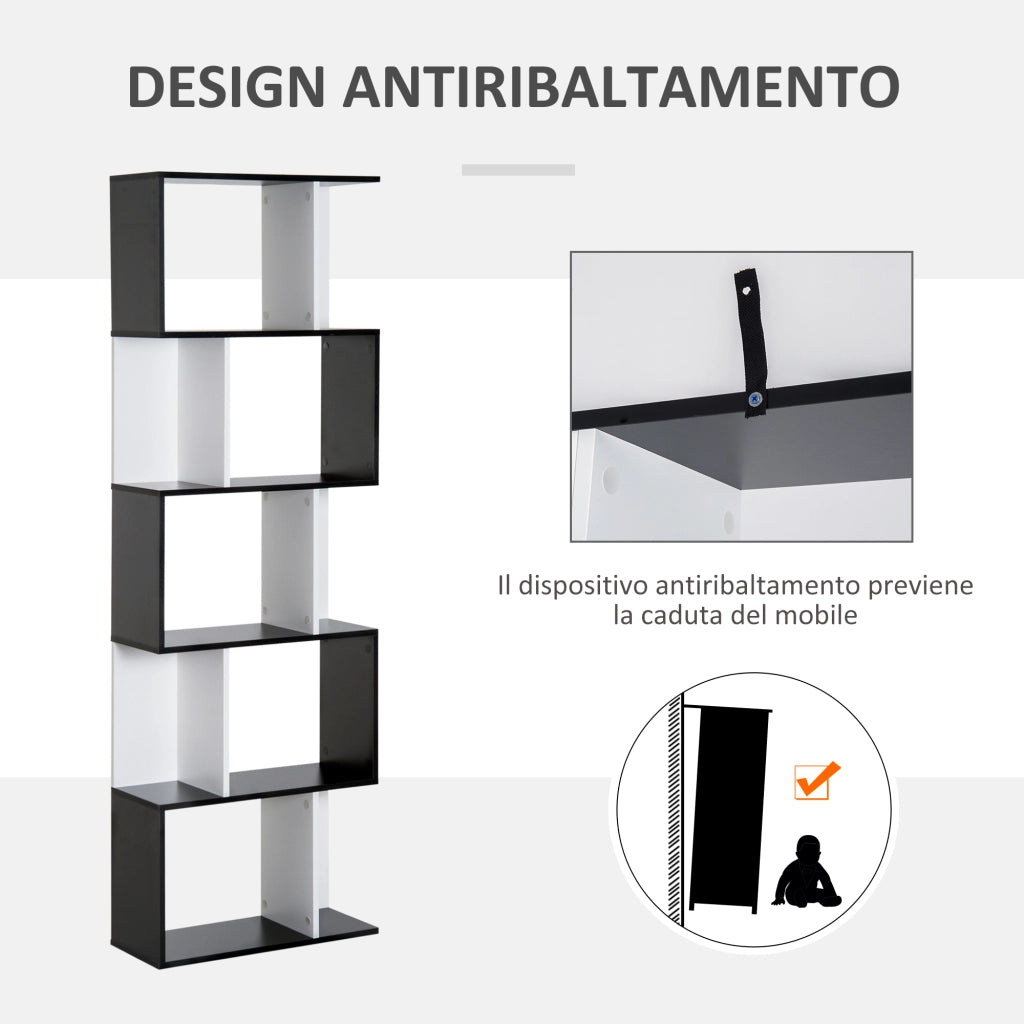 Mobile Libreria in Legno a 5 Ripiani con Divisorio. 60x24x184.5 cm. Bianco e Nero