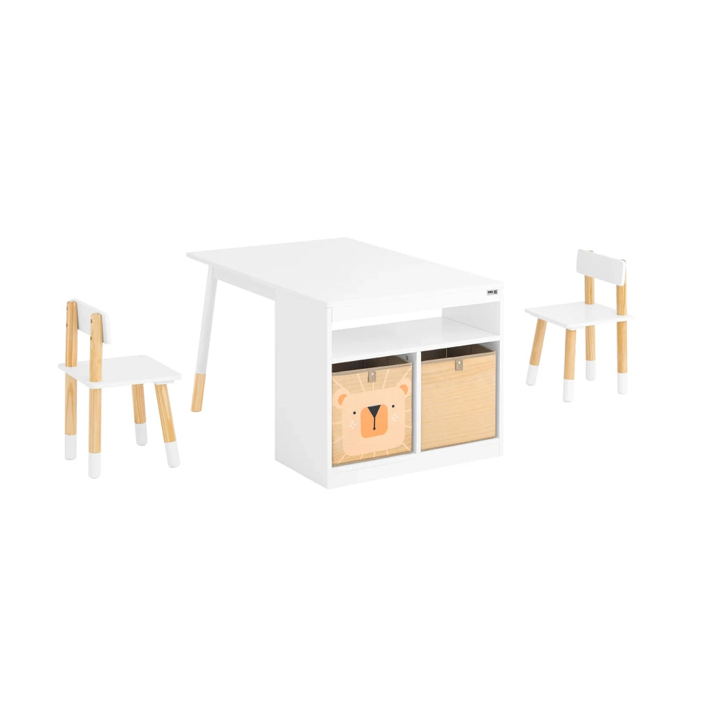 SoBuy Tavolo per bambini con 2 sgabelli Set mobili per bambini Tavolo con spazio di archiviazione Bianco 90x60x53cm KMB113-W