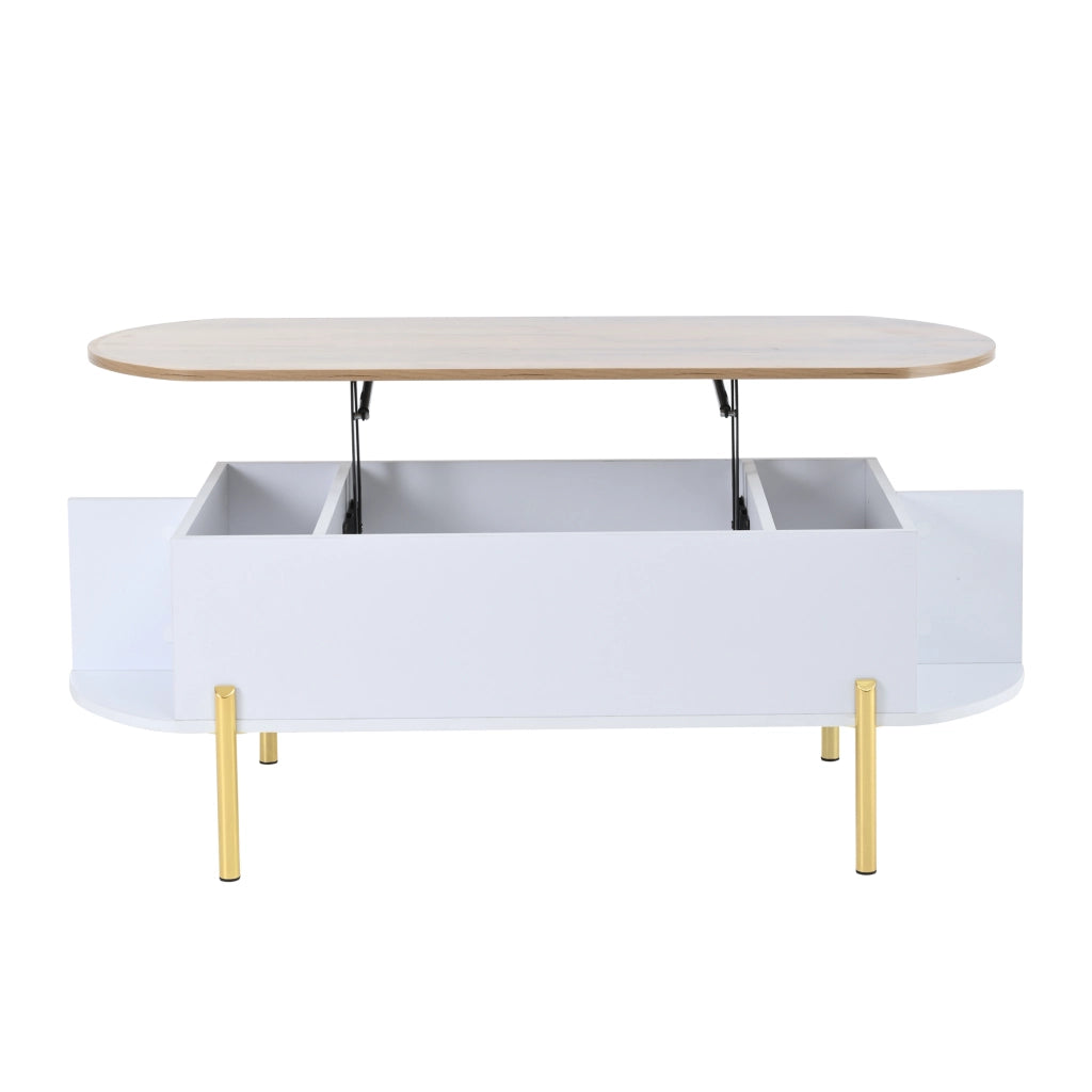 Tavolino da caff¨¨ sollevabile 120 x 50 x 43 cm con vano contenitore nascosto, MDF bianco e piano effetto legno naturale