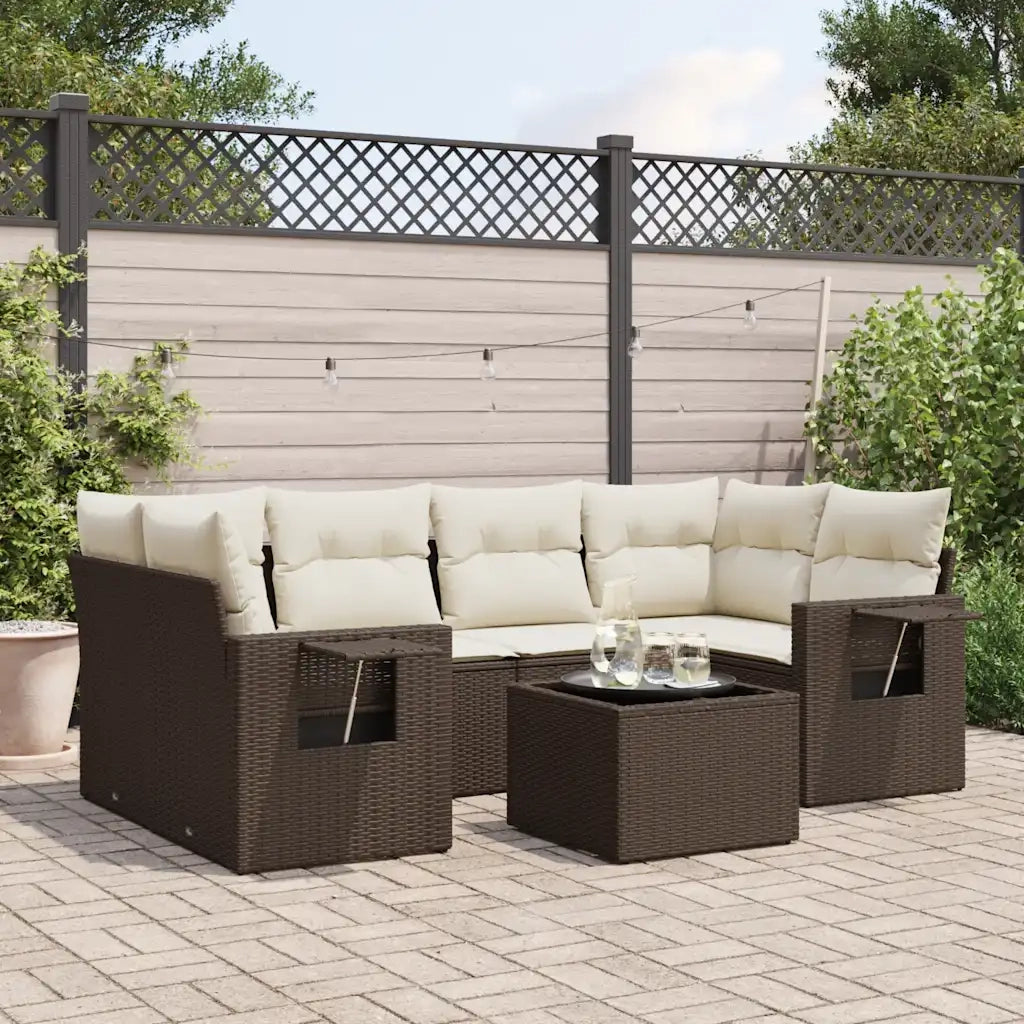 Set Divani da Giardino 7 pz con Cuscini Marrone in Polyrattan