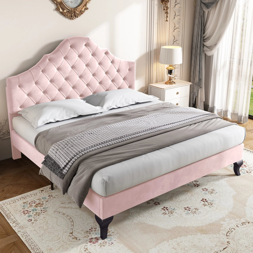 LETTO imbottito 140x200 cm in velluto rosa con rete a doghe e testiera