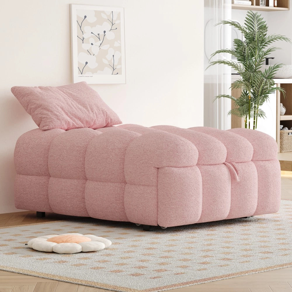 Letto Singolo Imbottito con Pouf ¨C MINIMAL ¨C Tessuto Teddy Rosa