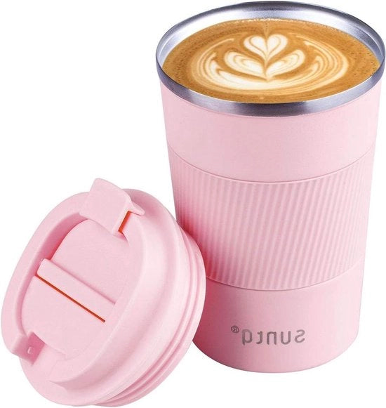 Tazza di viaggio in acciaio inossidabile riciclabile con coperchio a chiusura ermetica termoisolante per bevande calde e fredde, 380 ml, colore rosa