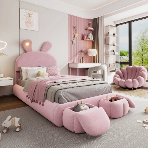 Letto singolo imbottito per bambini 90x200 cm LEMONMAX, orecchie da coniglio LED, 2 pouf contenitore, testiera regolabile, velluto rosa
