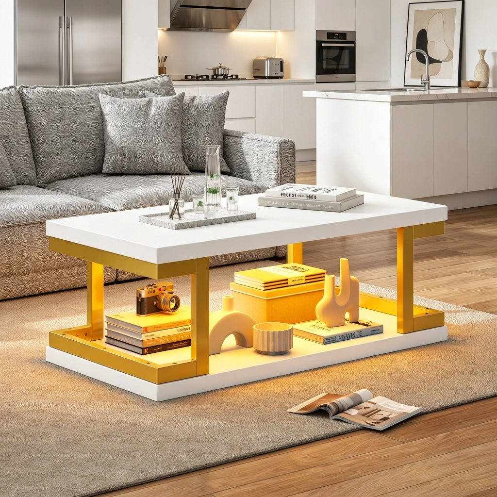 Tavolino da caffè con vano aperto e LED; per soggiorno; in MDF e metallo; 100×50×37.5 cm