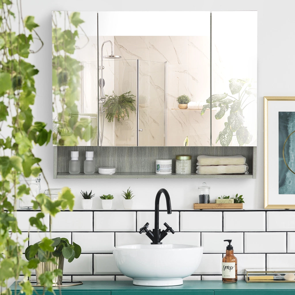 Armadio con specchio e ripiani ¨C Minimal ¨C Grigio, legno, vetro, 90x15x75 cm