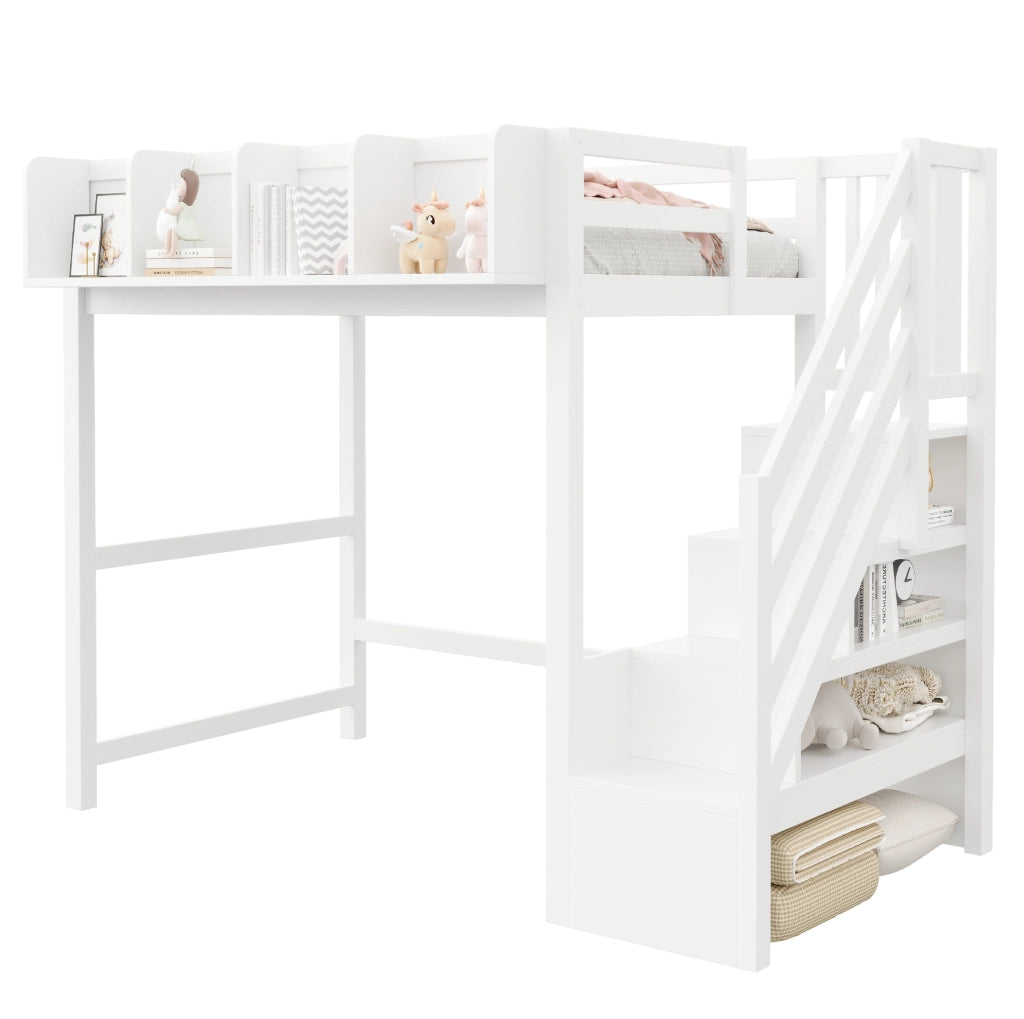 Letto a soppalco 90x200 cm con LED, scaffali laterali e scala contenitiva