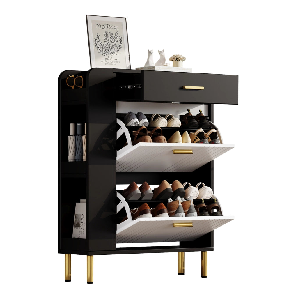 Scarpiera 80x24x105 cm con 2 scomparti a ribalta e cassetto in MDF e truciolato bianco e nero