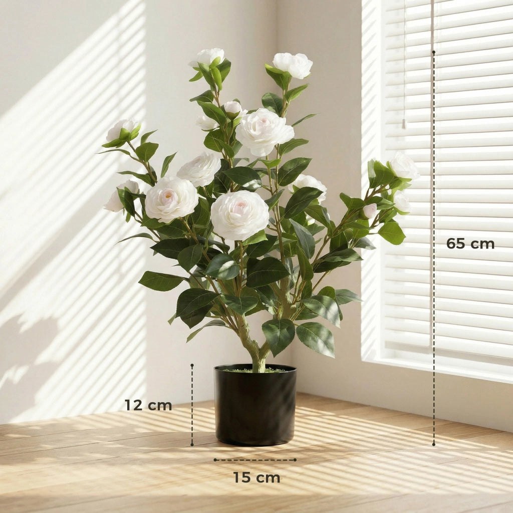 Pianta Artificiale di Camelia 65cm ¨C Xylo ¨C Fiori Seta Realistici 116 Foglie Effetto Musgo Bianco