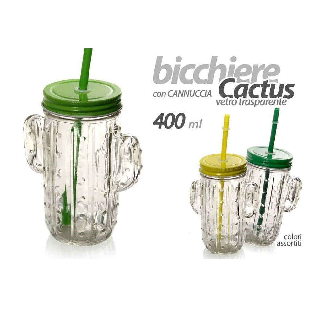 Trade Shop - Bicchiere Con Cannuccia Coperchio Party Feste Forma Cactus In Vetro 400ml 738135 -