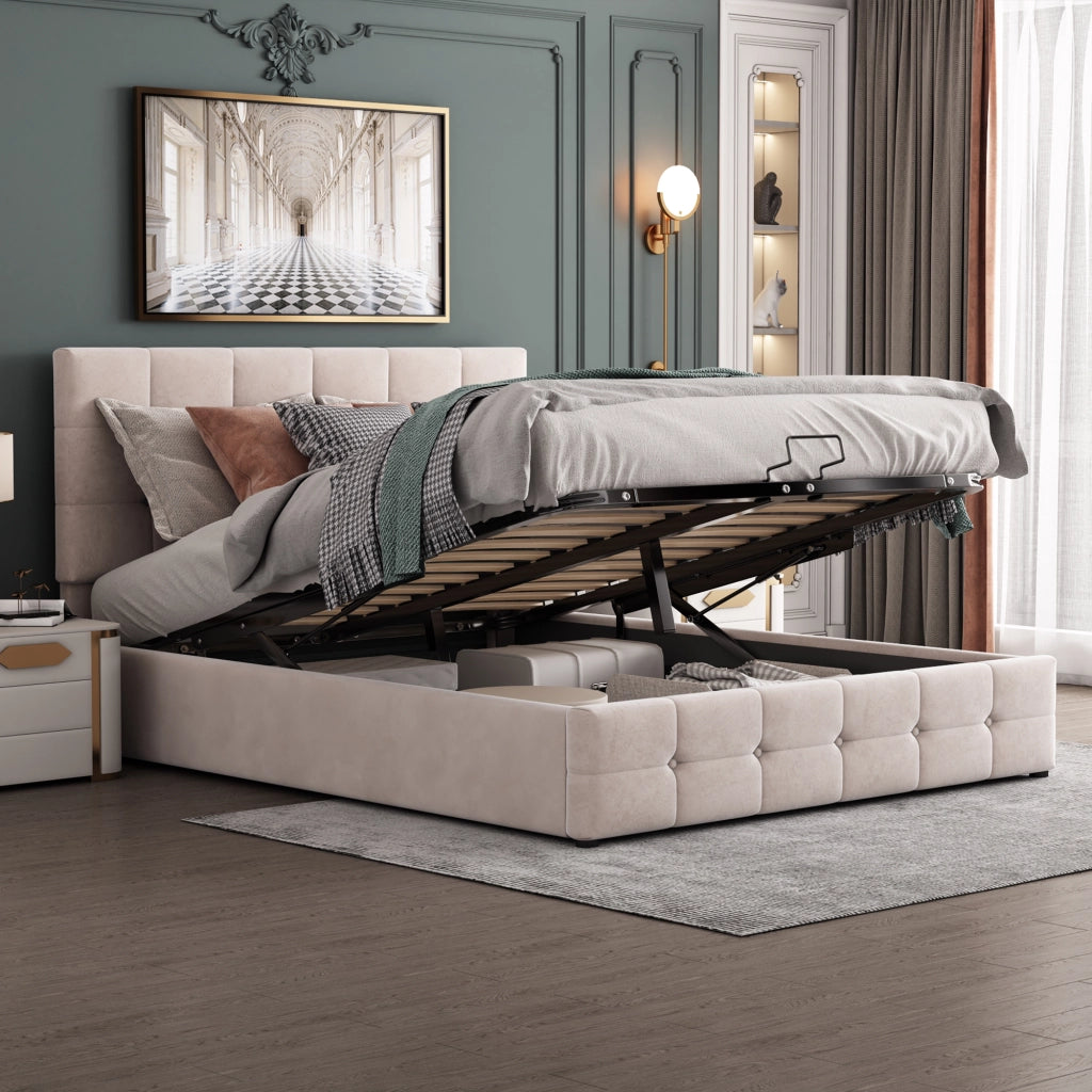 Letto imbottito matrimoniale 140×200 cm con contenitore e rete sollevabile; testiera imbottita; senza materasso; bianco crema