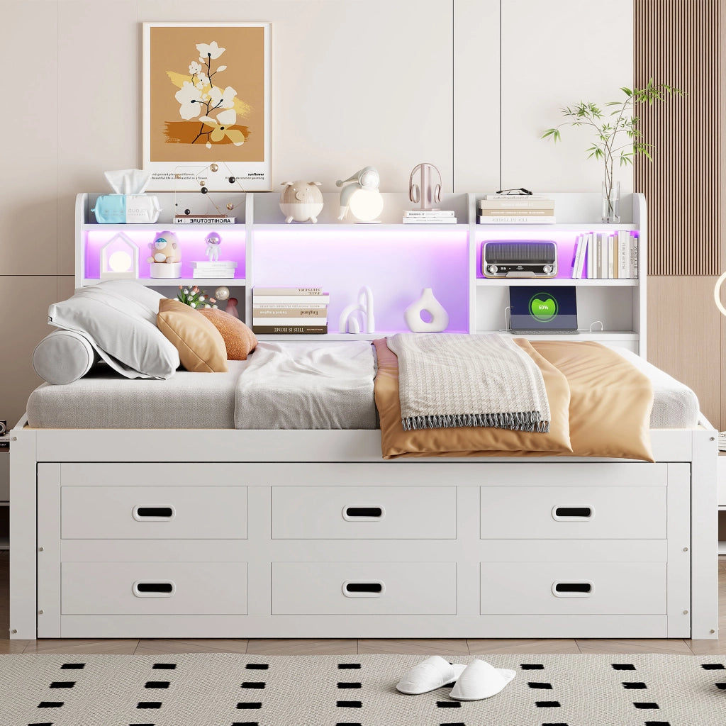 LETTO estraibile 140x200 cm Bianco con LED, 3 cassetti
