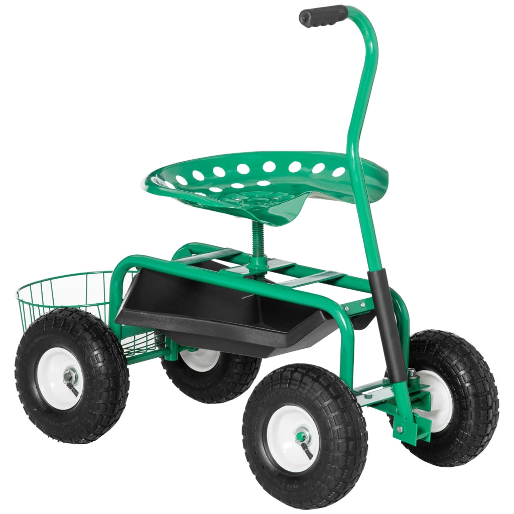 Carrello da giardino, carrello da officina, sedile da giardino girevole, cestino portaoggetti, altezza regolabile, portata 150 kg, verde, 81 x 44,5 x