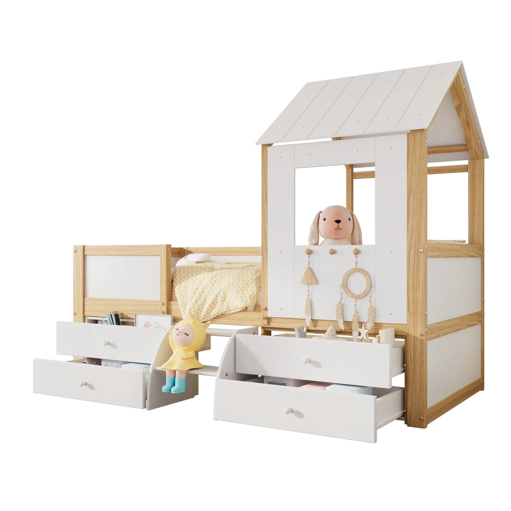 OKWISH Letto a Casetta 90×200 cm, Letto Singolo con 4 Cassetti, Scaletta e Spondine, senza Materasso, in Legno, Bianco e Naturale