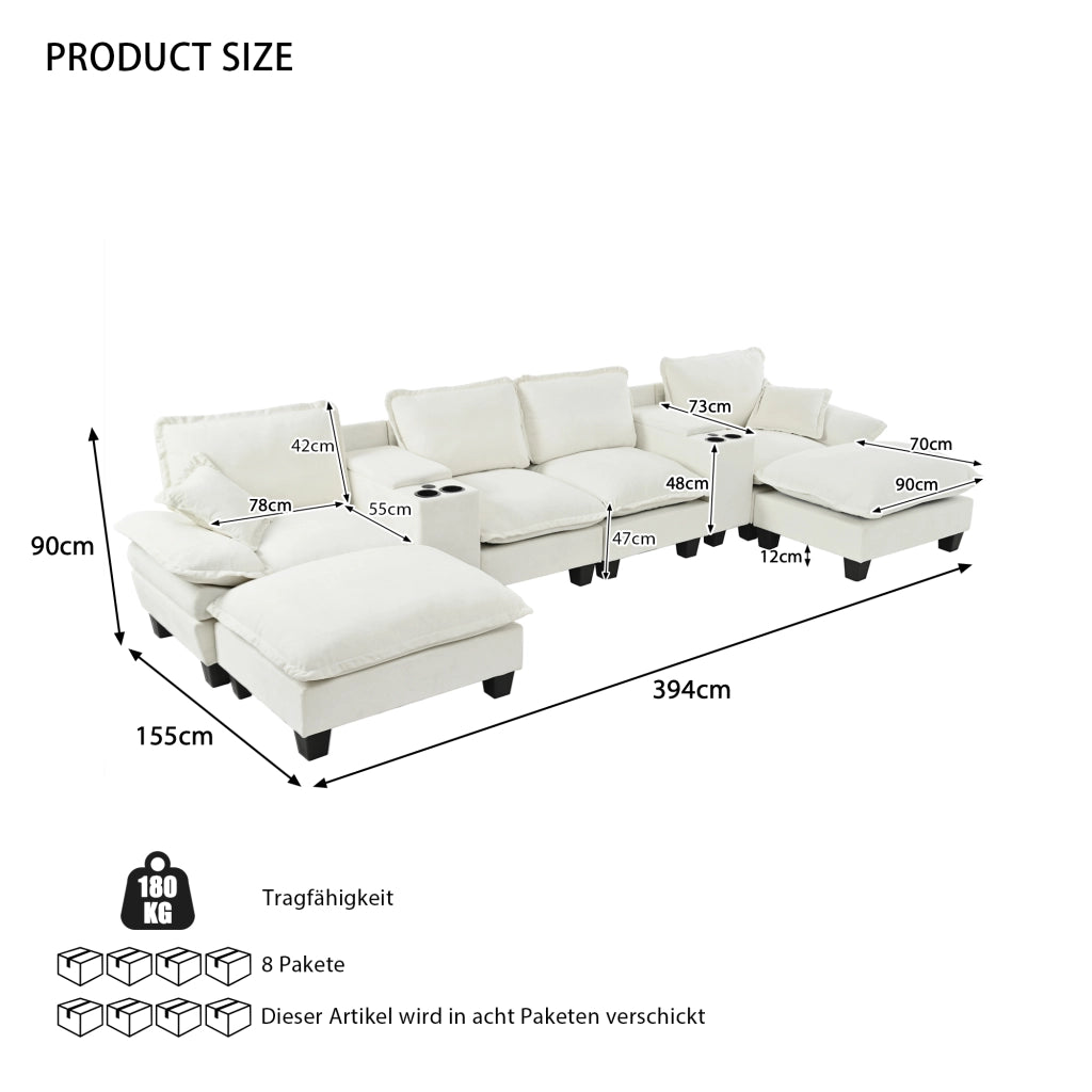 Divano Modulare U-Form con Ottomane e Cuscini ¨C Xylo ¨C Chenille, Beige, con Portabicchieri e USB