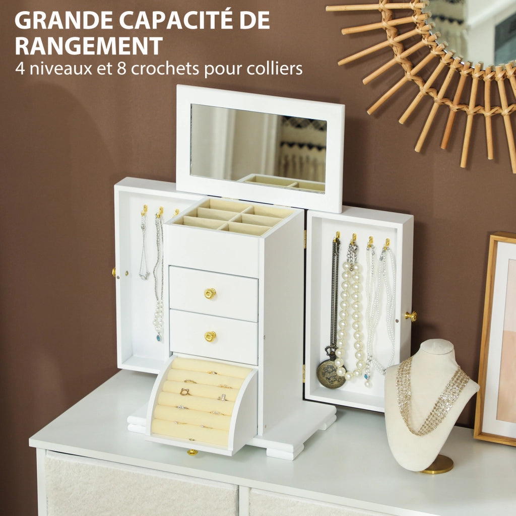 Cofanetto per Gioielli in Legno con 4 Livelli, Ali, Specchio e 2 Cassetti ¨C Zephmum ¨C Bianco 26.5x16x33.5 cm