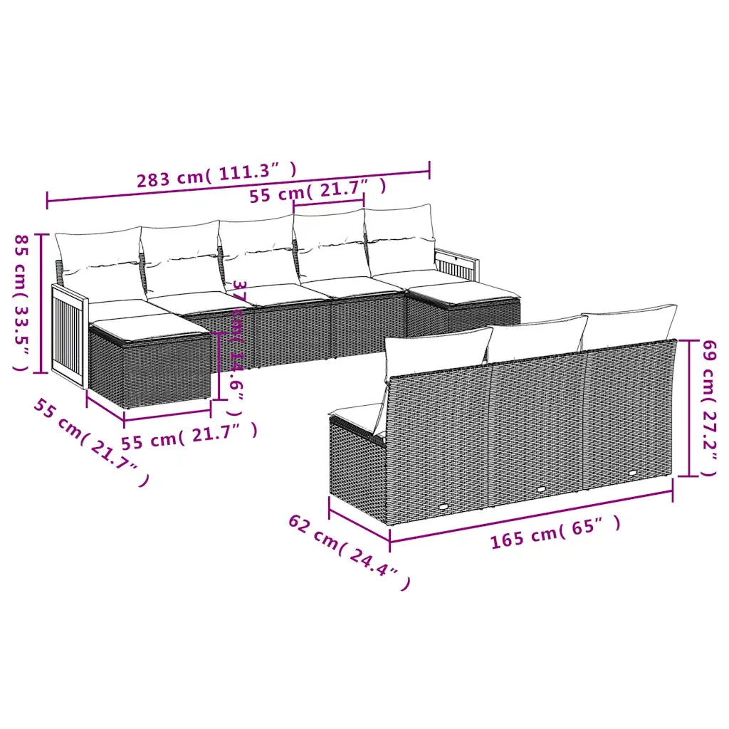 Set Divani da Giardino 10 pz con Cuscini Nero in Polyrattan 3228066