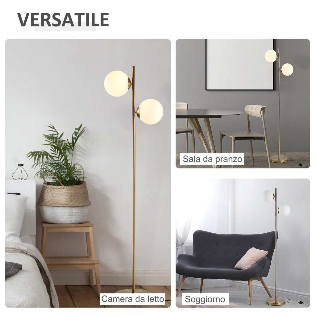 Lampada da Terra a 2 Luci con Paralumi a Sfera ¨C Minimal ¨C Oro ?28x165 cm