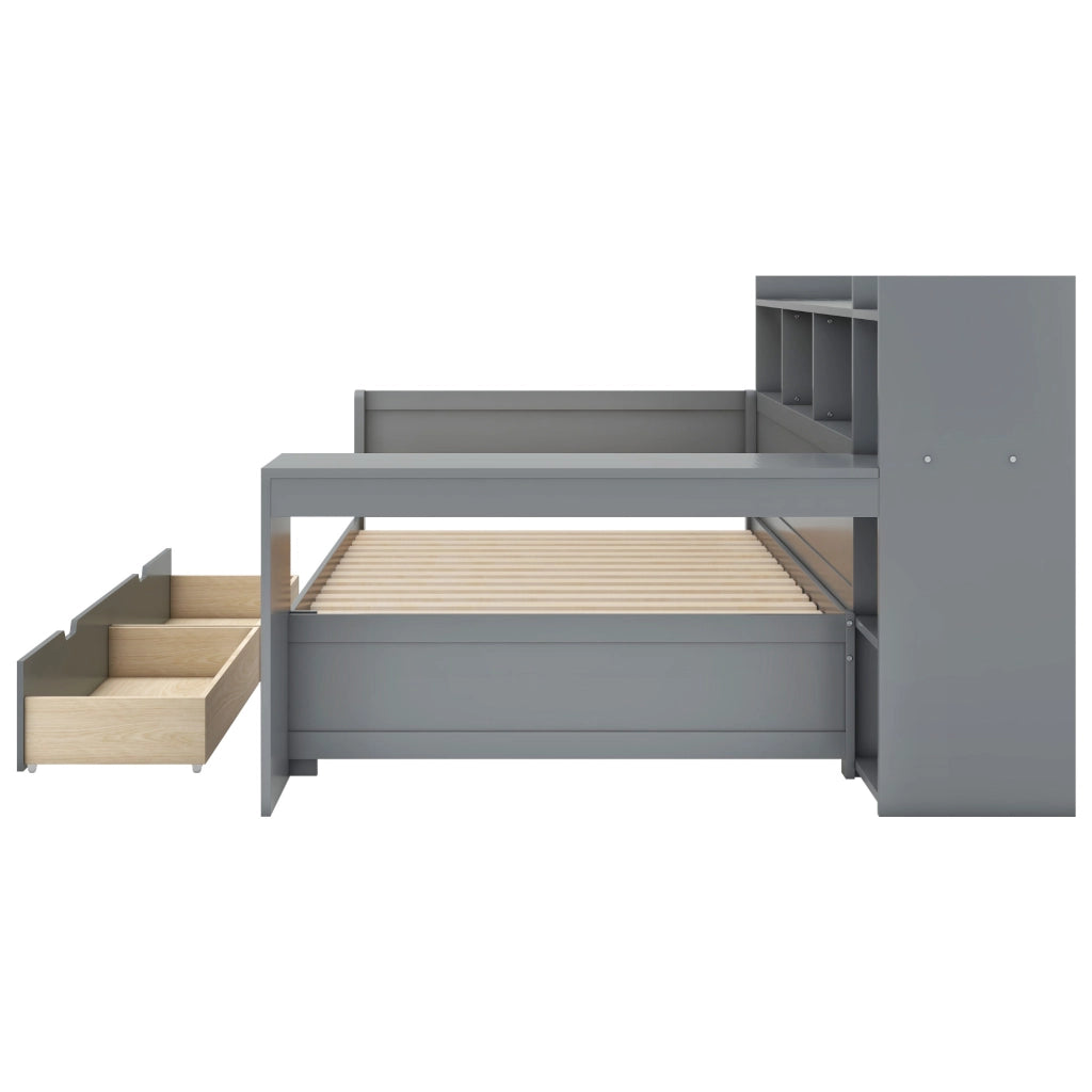 Letto singolo salvaspazio 90×200 cm con 2 cassetti; USB; prese e scrivania; senza materasso; grigio