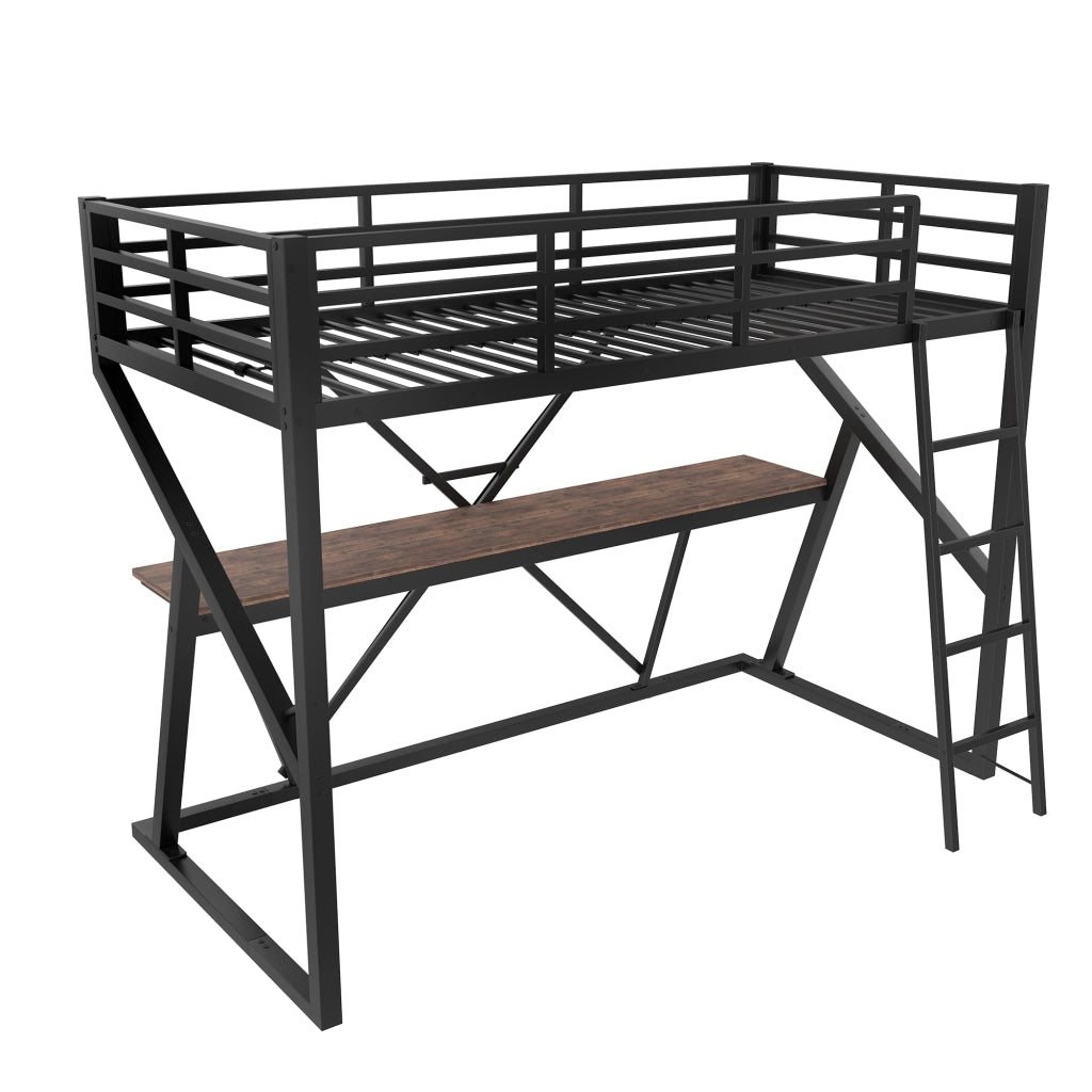 Letto a soppalco per bambini 90x200 cm con scrivania, scala, LED multicolore e ringhiera, nero
