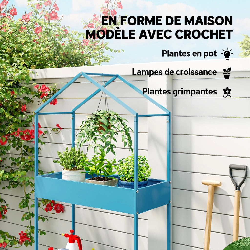 Scaffale Piante 2 Livelli ¨C Xylo ¨C Metallo Forma Casa Blu-Verde