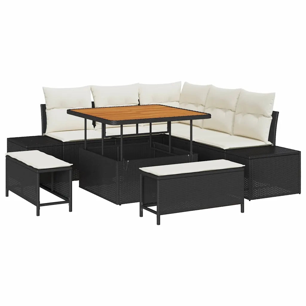 Set Divano da Giardino con cuscino 8 pcs Nero Poly Rattan