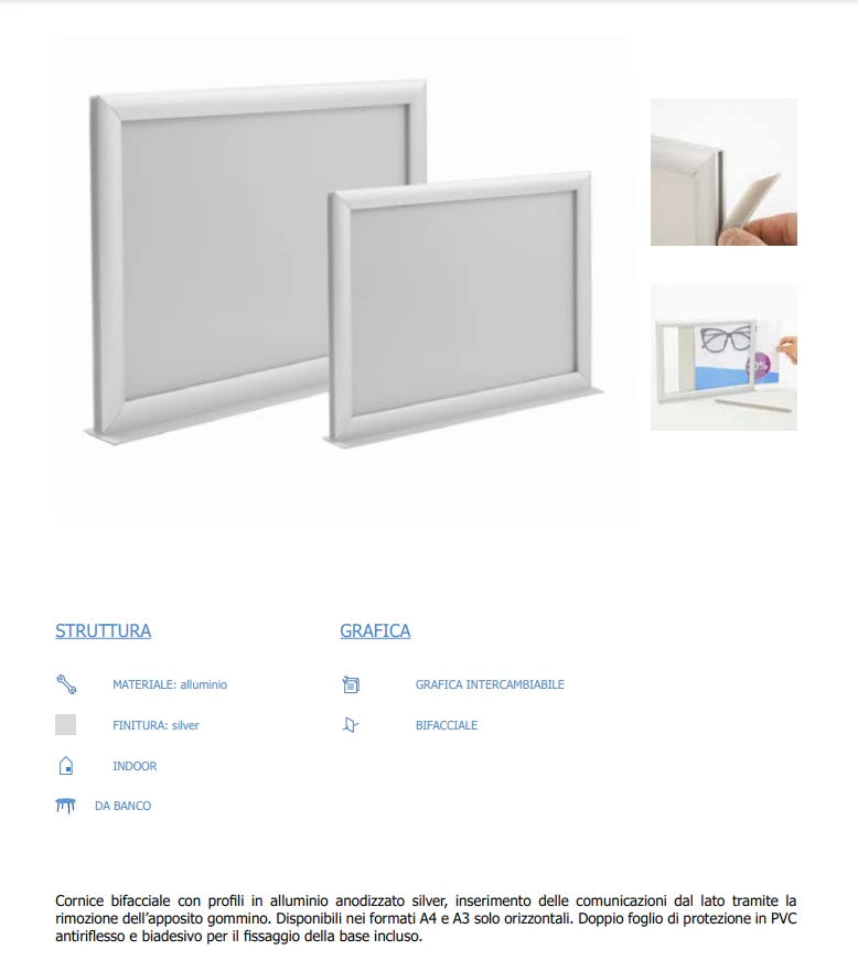 Cornice a scatto da appoggio A3 con adesivo di fissaggio