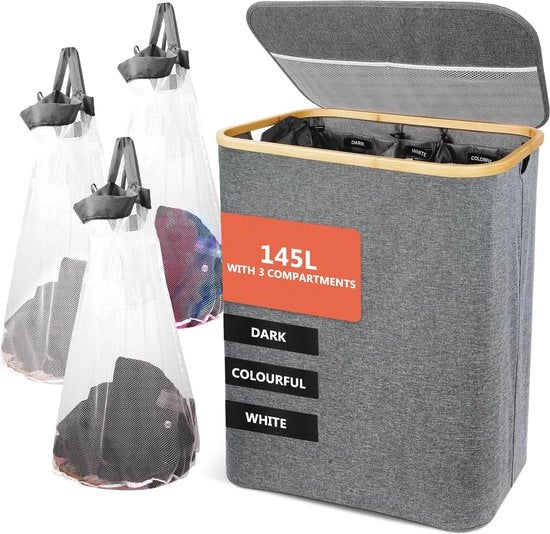 Cesto con Copertura e 2 Compartimenti - 140 Litri Tessuto in Bambù - Nero