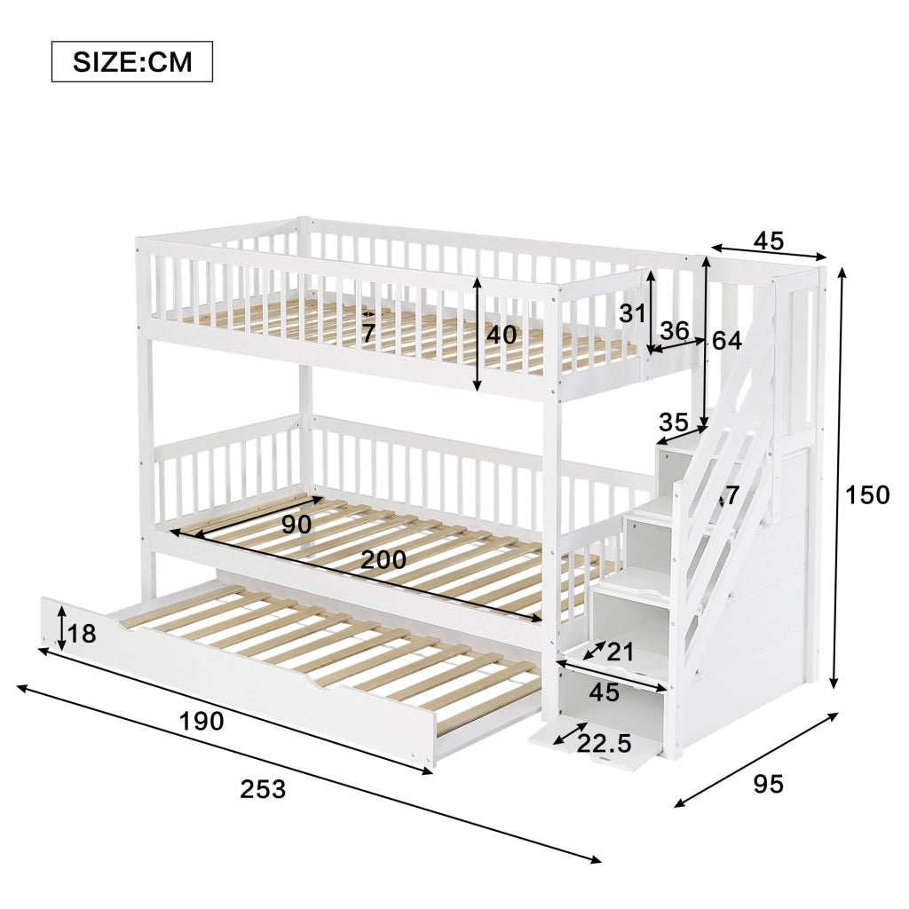 LETTO A CASTELLO con letto estraibile 90x200/190 cm in pino e MDF bianco