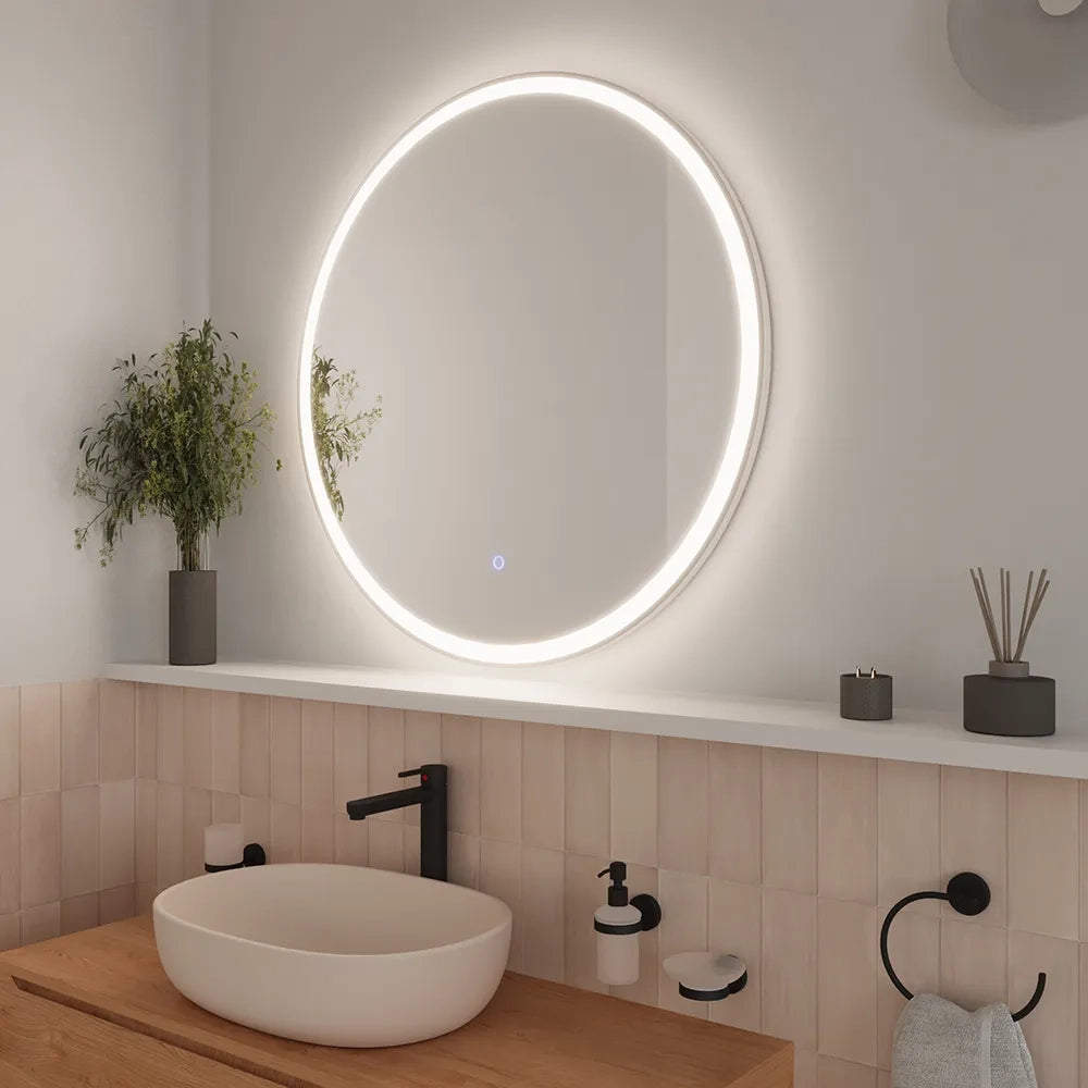 Specchio led tondo Ø 80 cm cornice bianco opaco touch screen luce calda/fredda