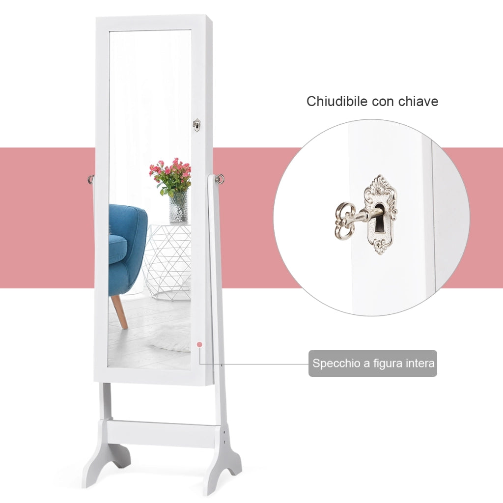 Armadietto porta gioielli con specchio e supporto da camera da letto 156x46x37cm Bianco-Armadietti per gioielli