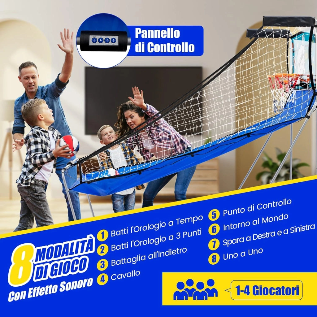 Macchina da Pallacanestro Elettronica Pieghevole, Gioco Arcade da Basket a Doppio Tiro per Casa con 8 Modalità di Gioco, Suono Arcade, Punteggio Elettronico, 4 Palloni e Pompa (Azzurro)