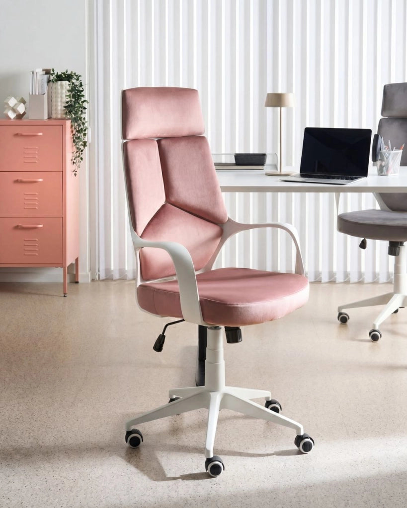 Sedia da ufficio in velluto girevole regolabile in altezza reclinabile in schiuma stampata a iniezione colore rosa pastello