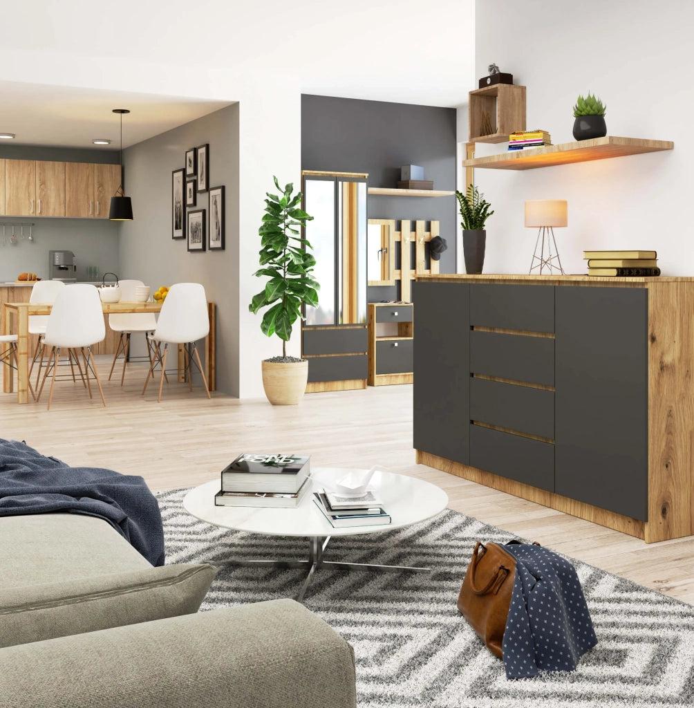 Cassettiera AKORD K160 Quercia Artisan 160 cm 2 ante 4 cassetti inserto frontale Grigio Grafite 160x40x99 cm